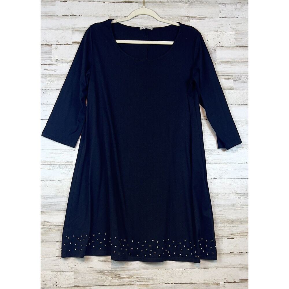 Beyove Black Tunic Dress Sequined Hem Size Large 3/4 Sleeved Round Minimalism